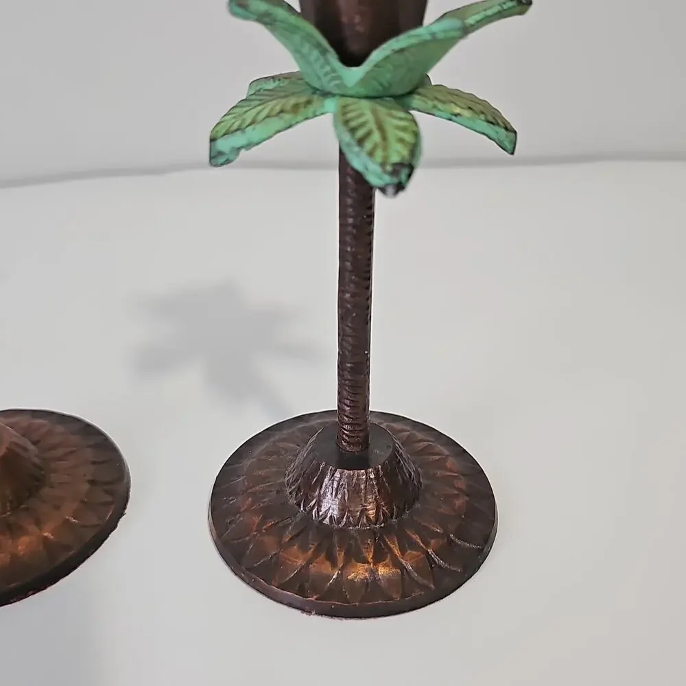 Palm Tree Candle Holders Set of 2 Metal Tropical Coastal Decor